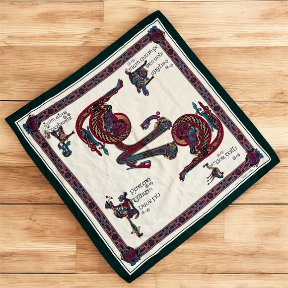 Book Of Kells Celtic Ireland Irish Vintage Square Scarf Green Cream - Picture 1 of 9
